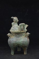 Antiker Tripod Behälter in Bronze mit Phönix